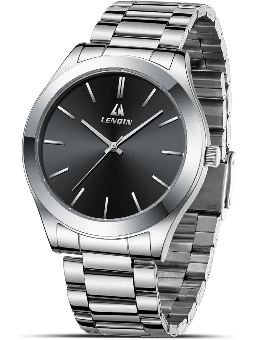 Men's Silver Black Classic Waterproof Stainless Steel Analog Quartz Luxury Watch